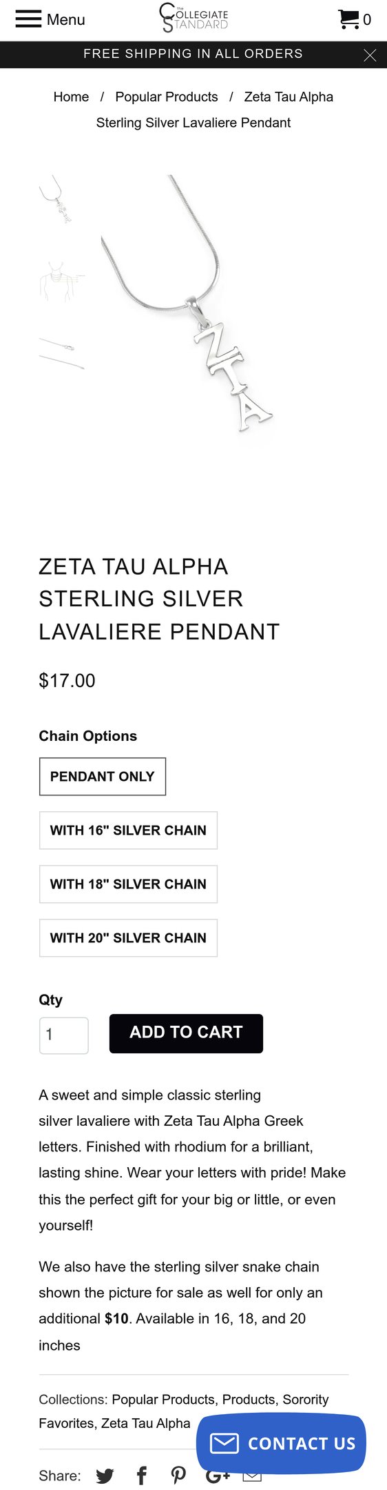 Zeta Tau Alpha Sterling Silver Lavaliere Pendant