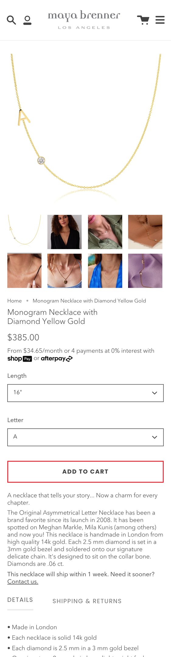 Monogram Necklace with Diamond Yellow Gold