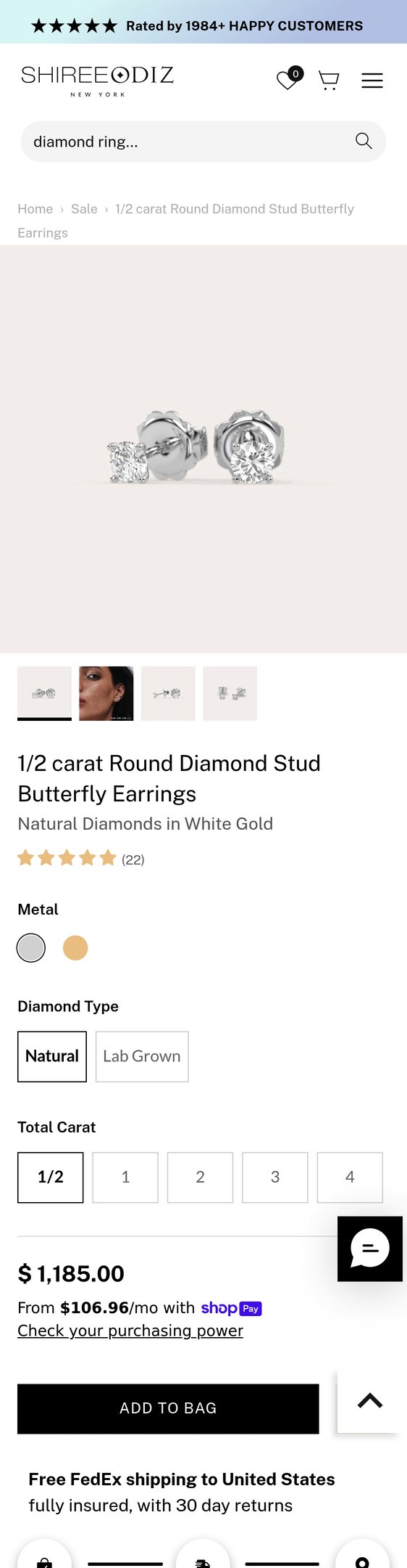 Butterfly Earrings | 1/2 Carat Round Diamond Studs for Women