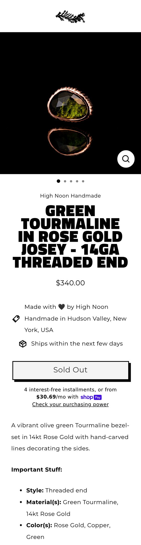 Green Tourmaline in Rose Gold Josey - 14ga Threaded end