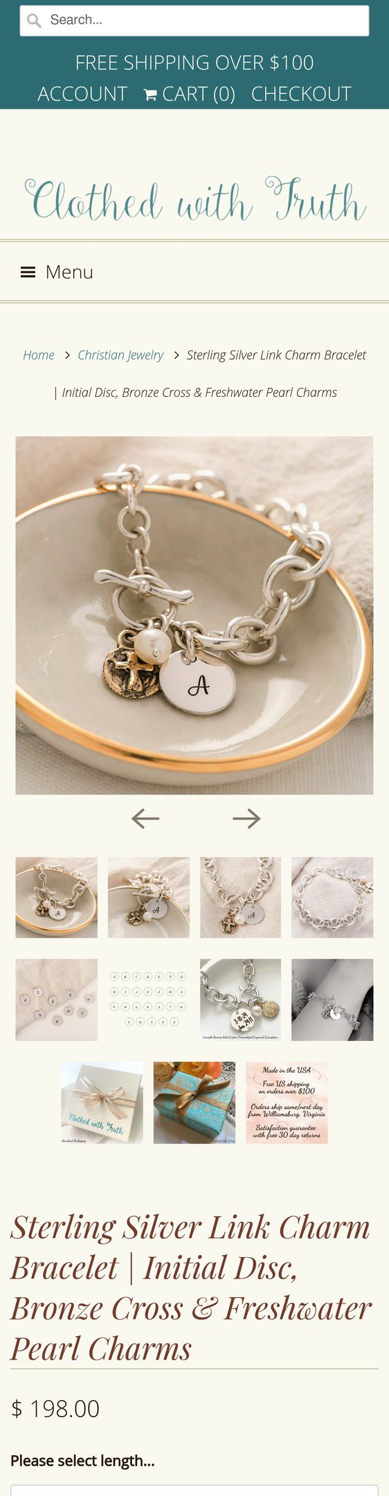 Sterling Silver Link Charm Bracelet | Initial Disc, Bronze Cross & Freshwater Pearl Charms