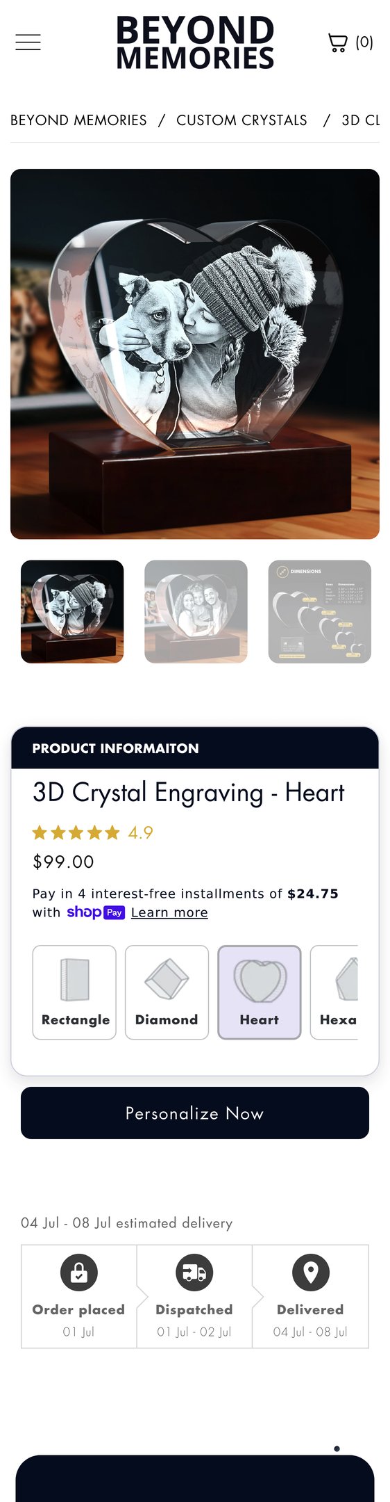3D Crystal Photo Engraving - Heart Shape