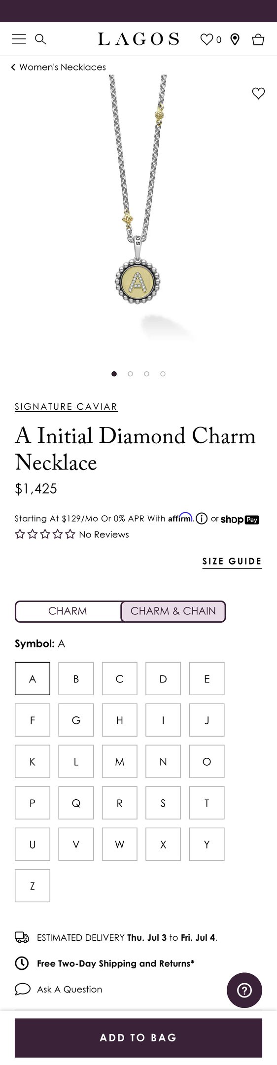 Signature Caviar A Initial Diamond Charm Necklace