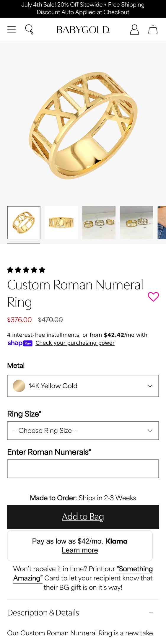 14K Gold Custom Roman Numeral Ring
