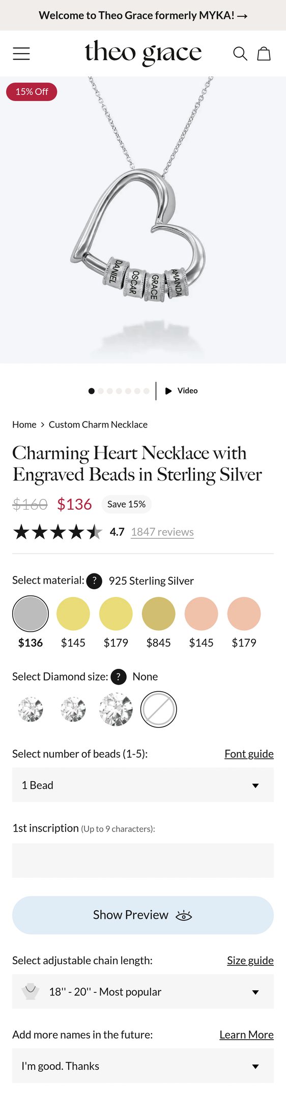 Charming Heart Necklace with Engraved Beads in Sterling Silver
