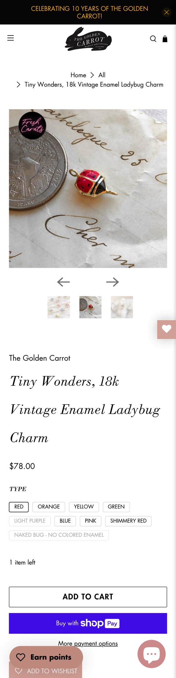Tiny Wonders, 18k Vintage Enamel Ladybug Charm