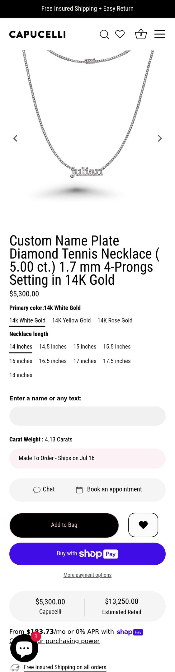 Custom Name Plate Diamond Tennis Necklace ( 5.00 ct.) 1.7 mm
