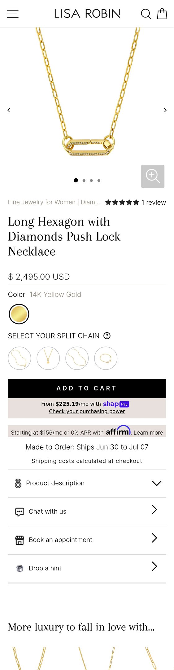 Long Hexagon with Diamonds Push Lock Necklace