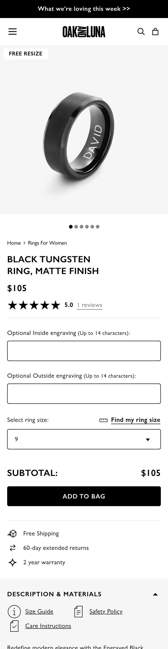 Black Tungsten Ring, Matte Finish