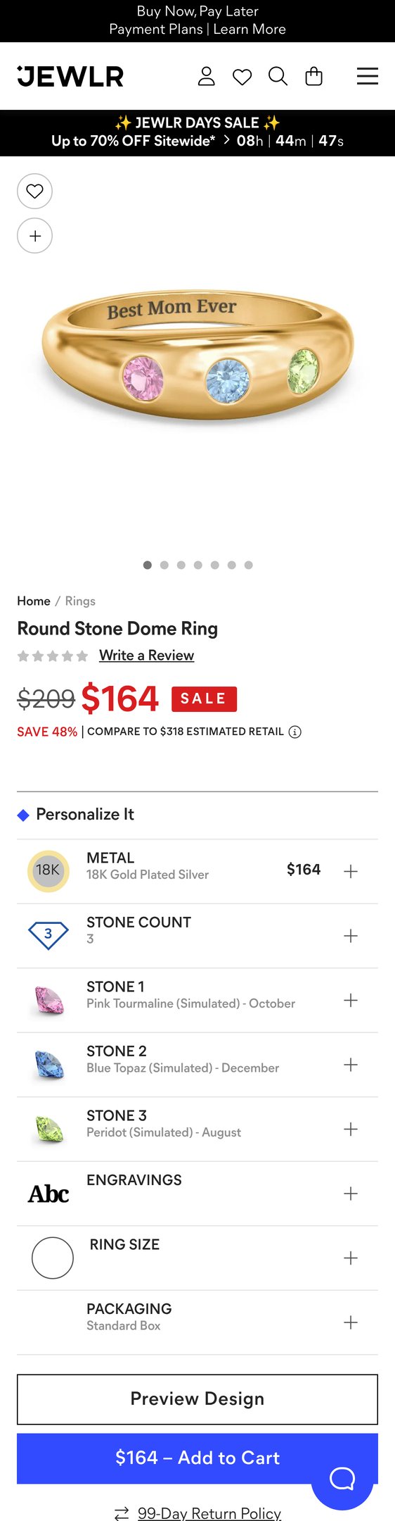 18K Gold Plated Silver Round Stone Dome Ring