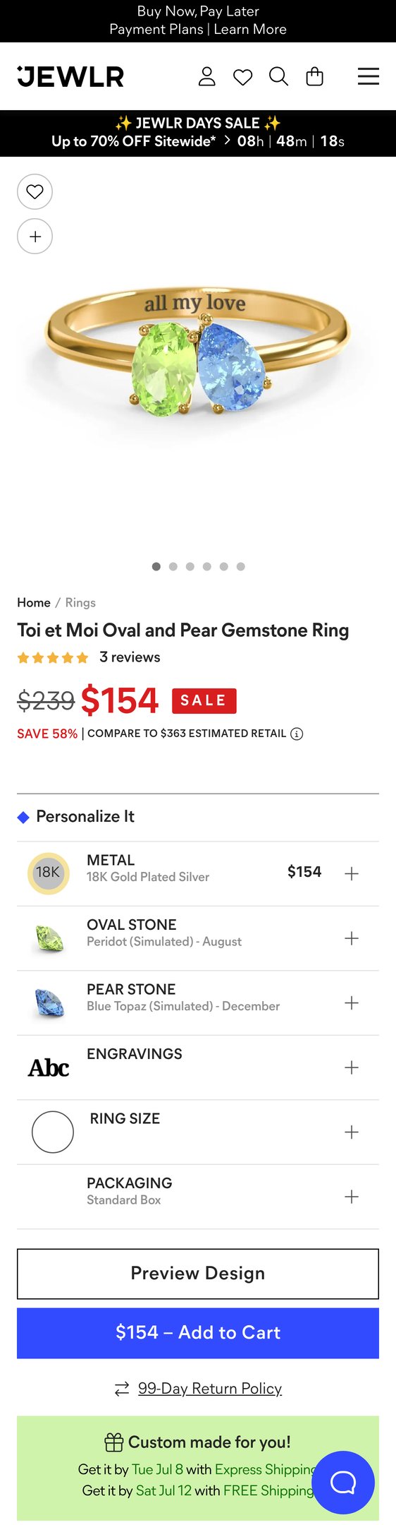 18K Gold Plated Silver Toi et Moi Oval and Pear Gemstone Ring