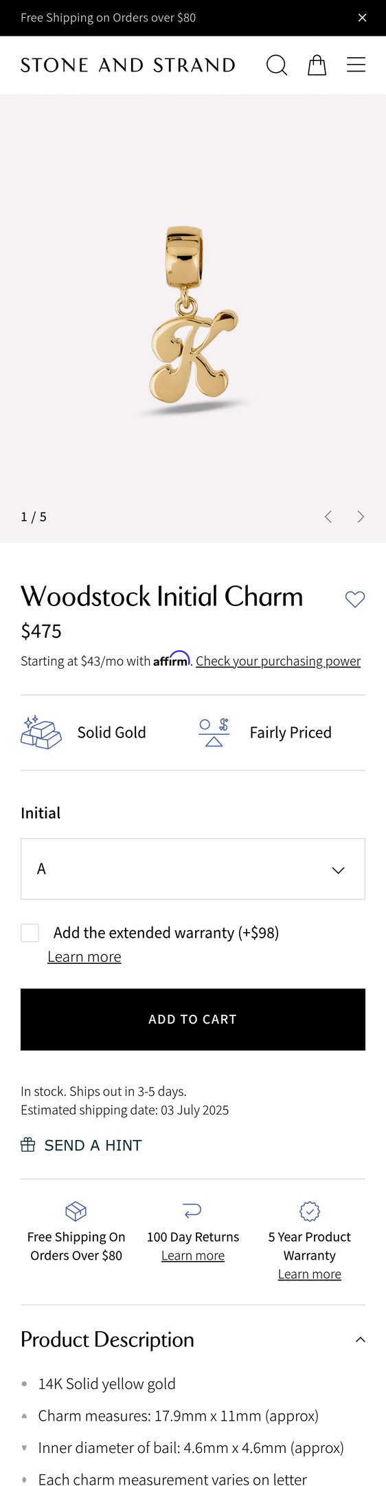 Woodstock Initial Charm