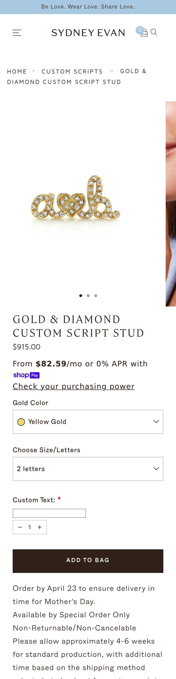Gold & Diamond Custom Script Stud