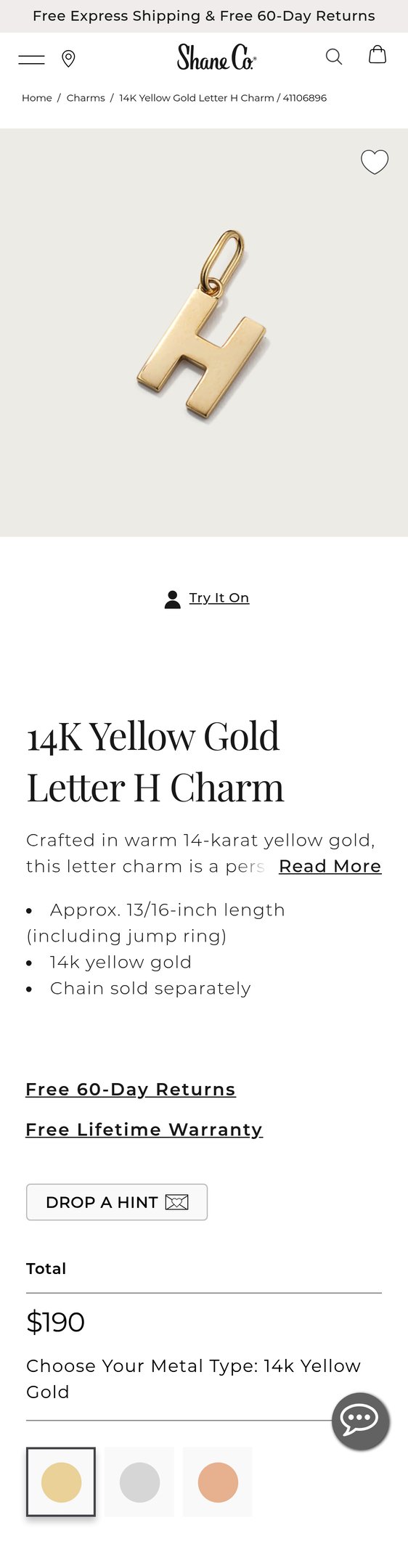 14K Yellow Gold Letter H Charm