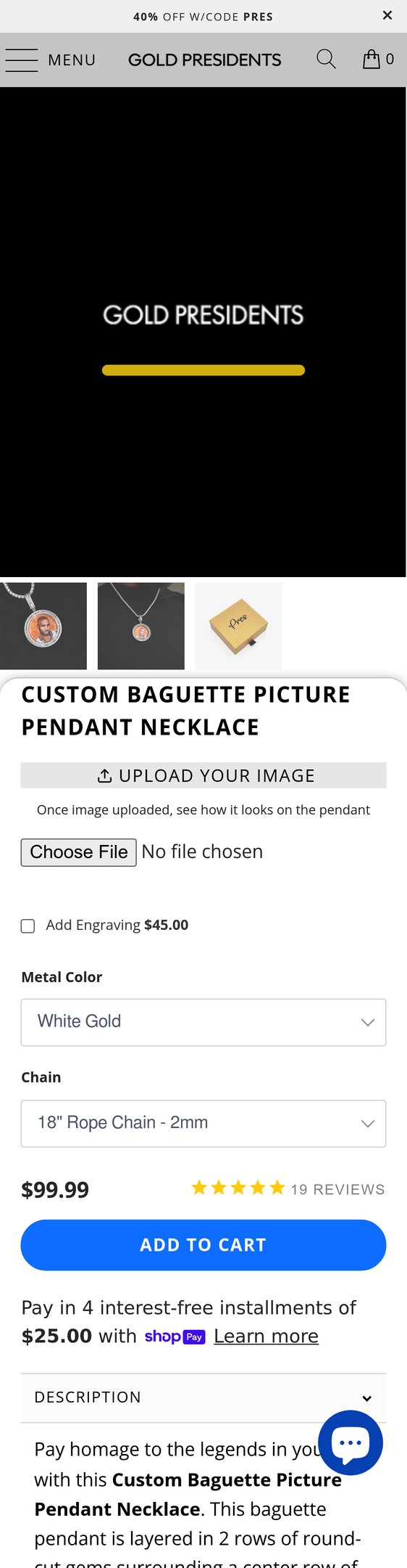 Custom Baguette Picture Pendant Necklace