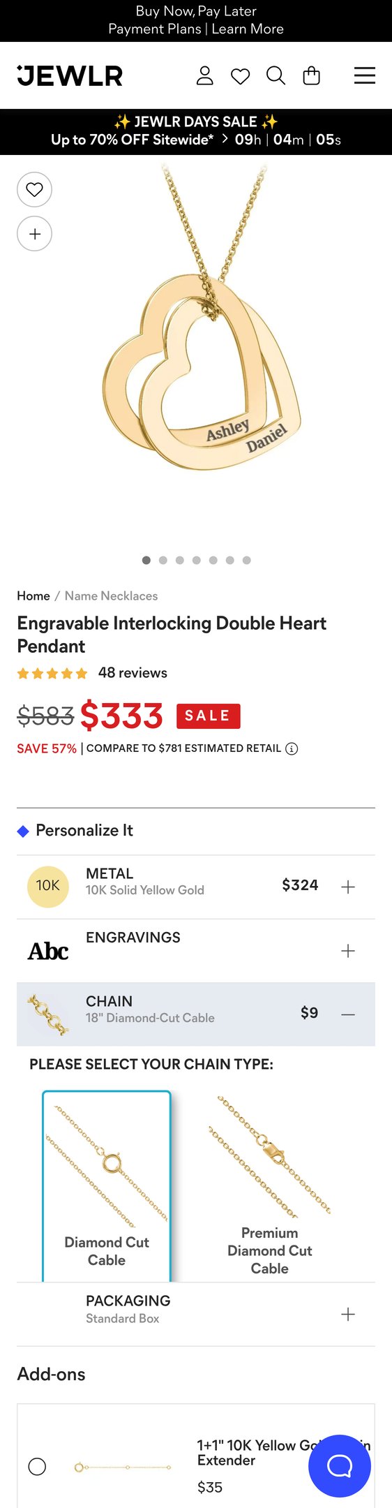 10K Yellow Gold Engravable Interlocking Double Heart Pendant