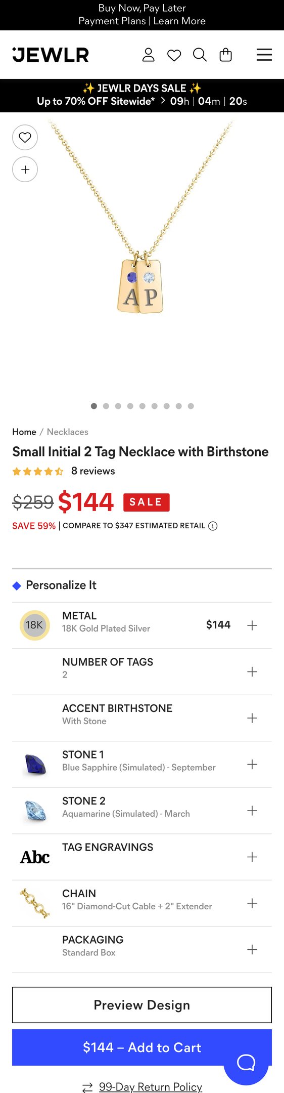 18K Gold Plated Silver Small Initial 2 Tag Necklace with Birthstone
