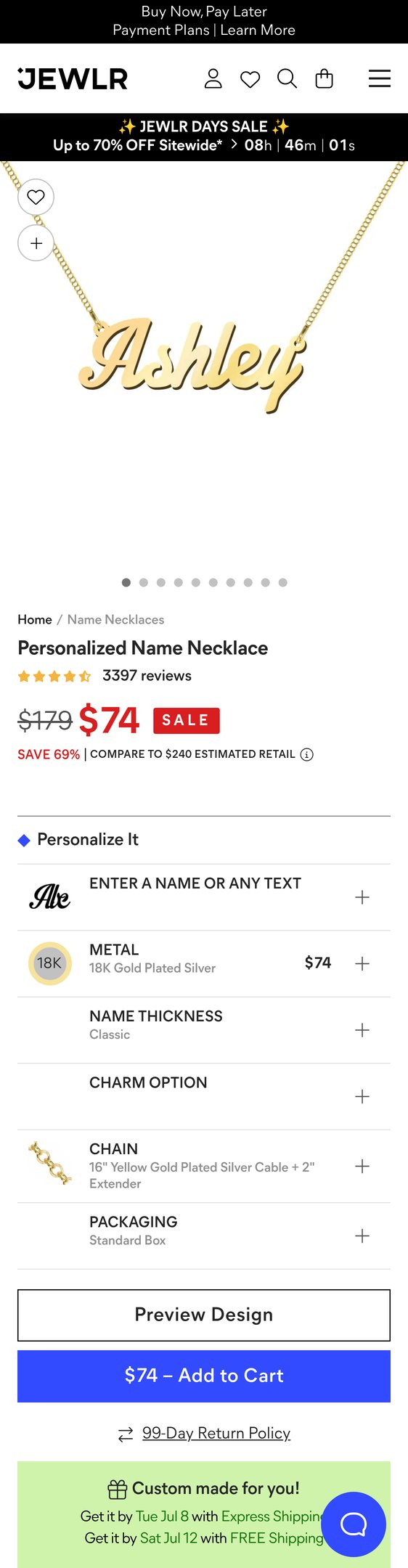 18K Gold Plated Silver Personalized Name Necklace