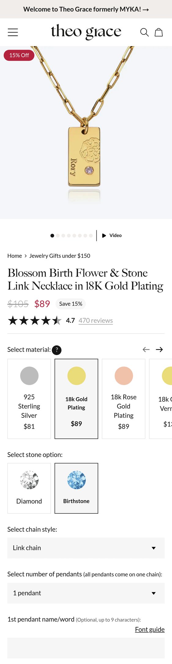 Blossom Birth Flower & Stone Link Necklace in 18K Gold Plating