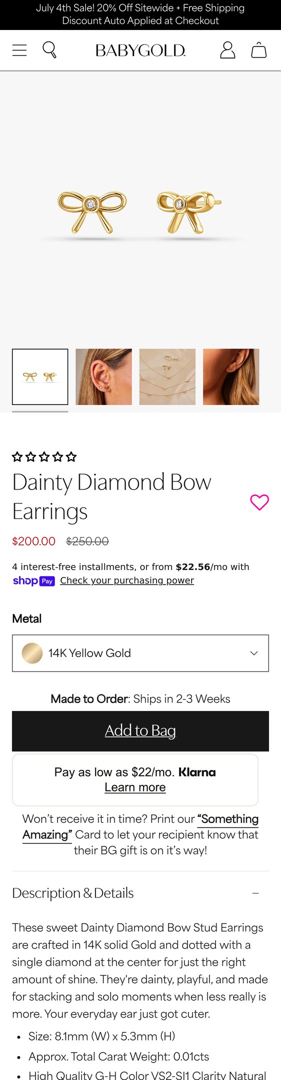 14K Gold Dainty Diamond Bow Earrings