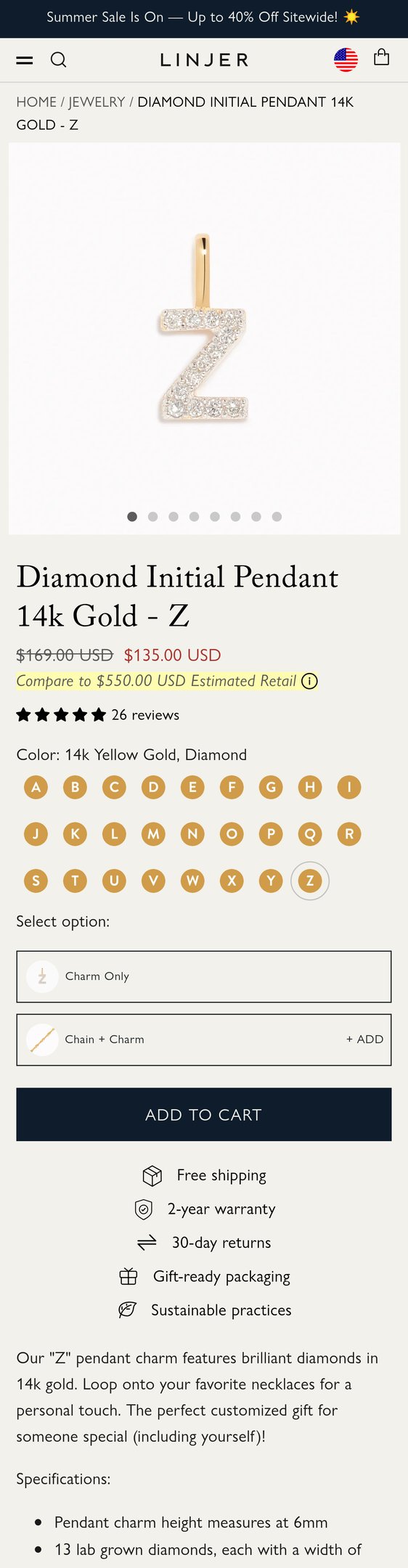 Diamond Initial Pendant 14k Gold - Z