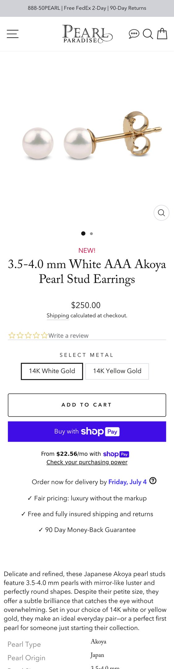 3.5-4.0 mm White AAA Akoya Pearl Stud Earrings