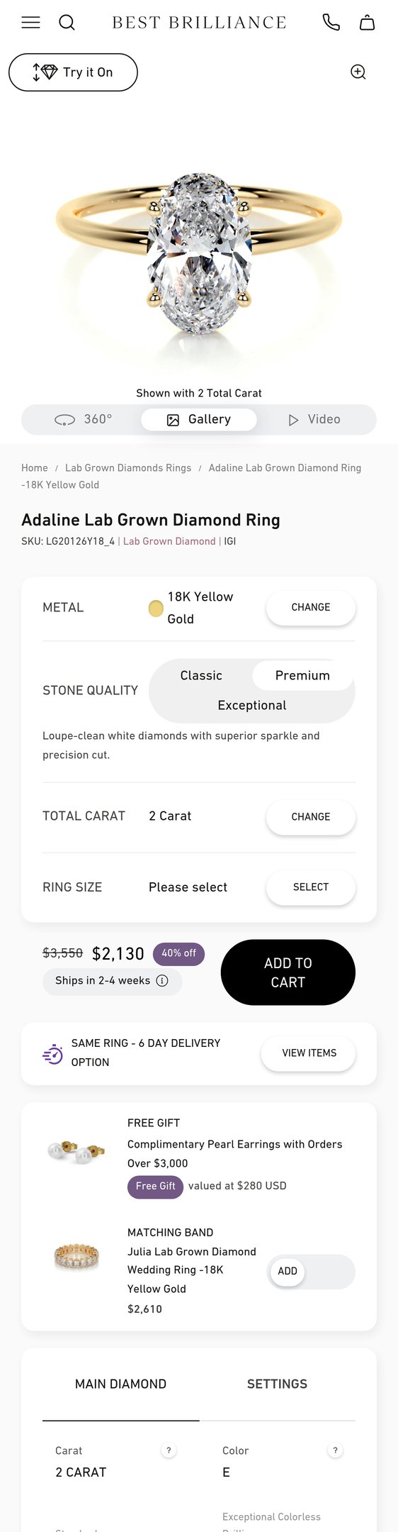 Adaline Lab Grown Diamond Ring -18K Yellow Gold