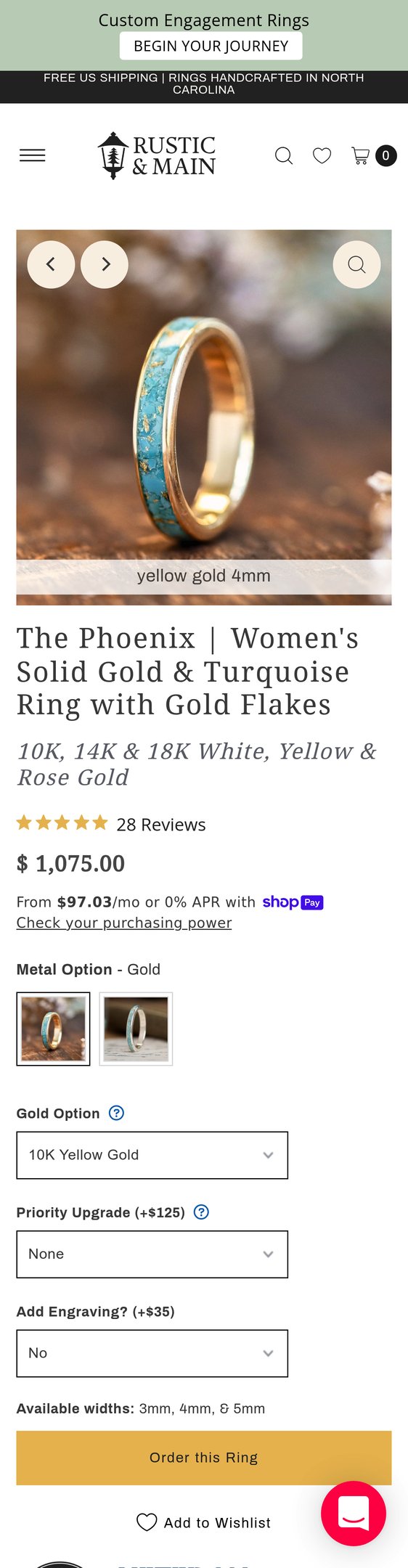 The Phoenix - Women's Solid Gold & Turquoise Ring with Gold Flakes