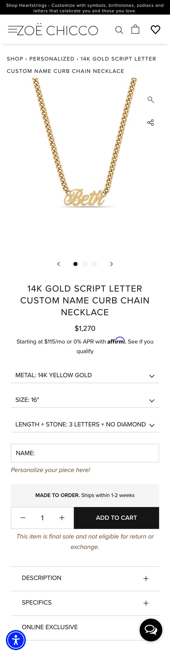 14k Gold Script Letter Custom Name Curb Chain Necklace