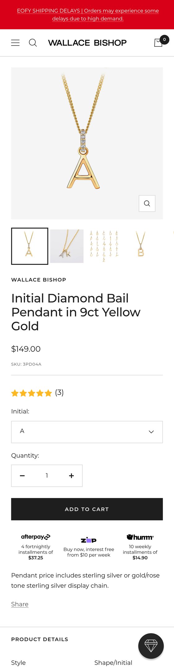 Initial Diamond Bail Pendant in 9ct Yellow Gold
