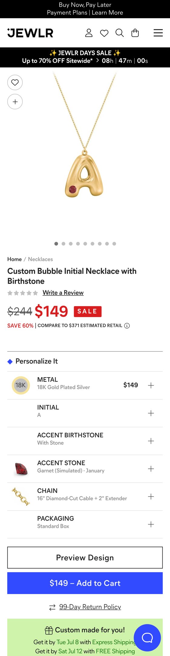 18K Gold Plated Silver Custom Bubble Initial Necklace with Birthstone and Garnet (Simulated) Stone