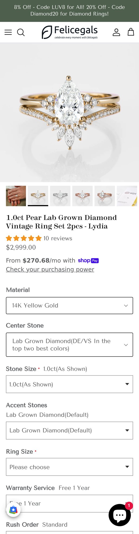 1.0ct Pear Lab Grown Diamond Vintage Ring Set 2pcs - Lydia