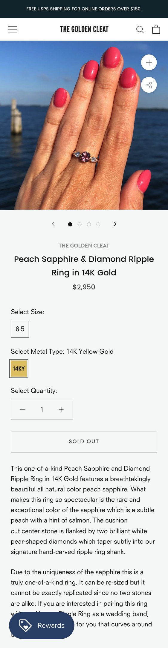 Peach Sapphire & Diamond Ripple Ring in 14K Gold