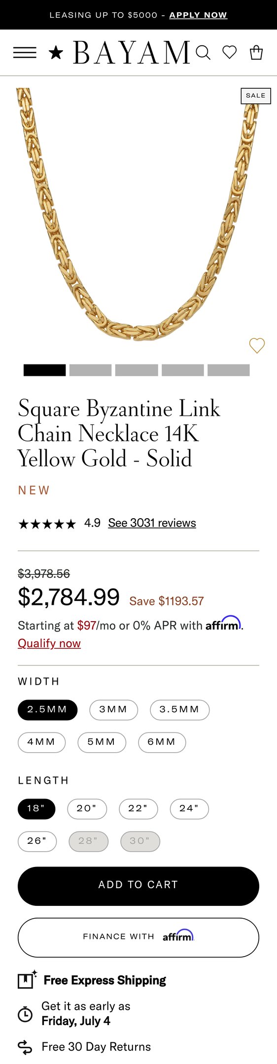 Square Byzantine Link Chain Necklace 14K Yellow Gold - Solid
