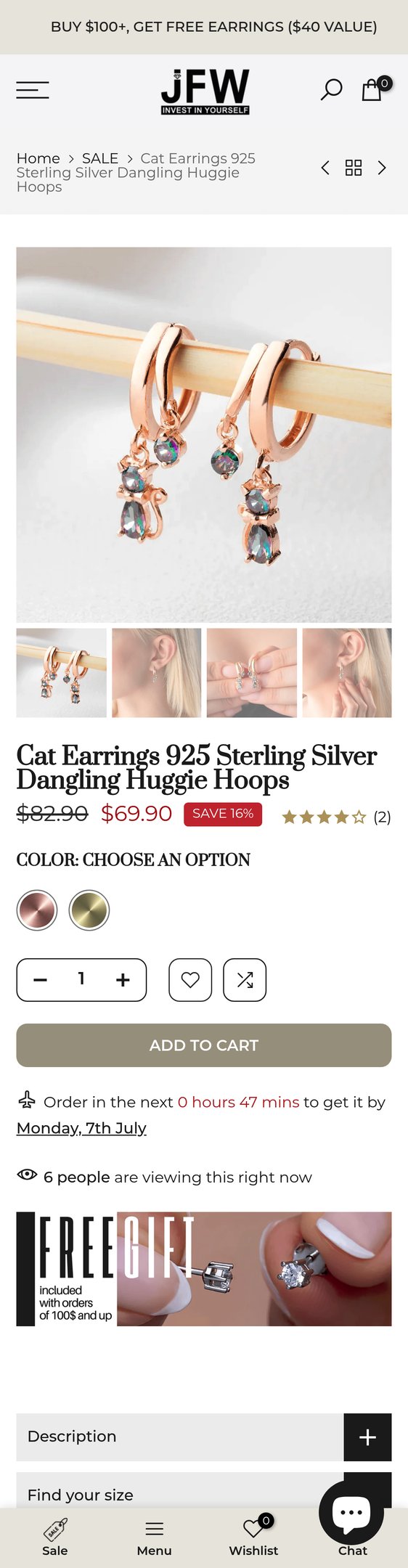 Cat Earrings 925 Sterling Silver Dangling Huggie Hoops | JFW