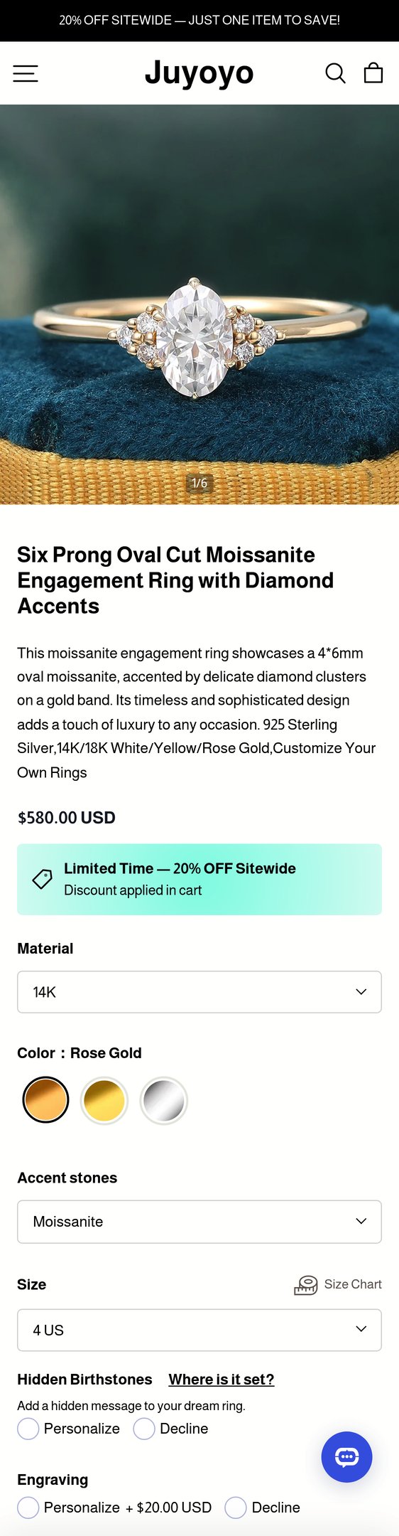 Six Prong Oval Cut Moissanite Engagement Ring with Diamond Accents