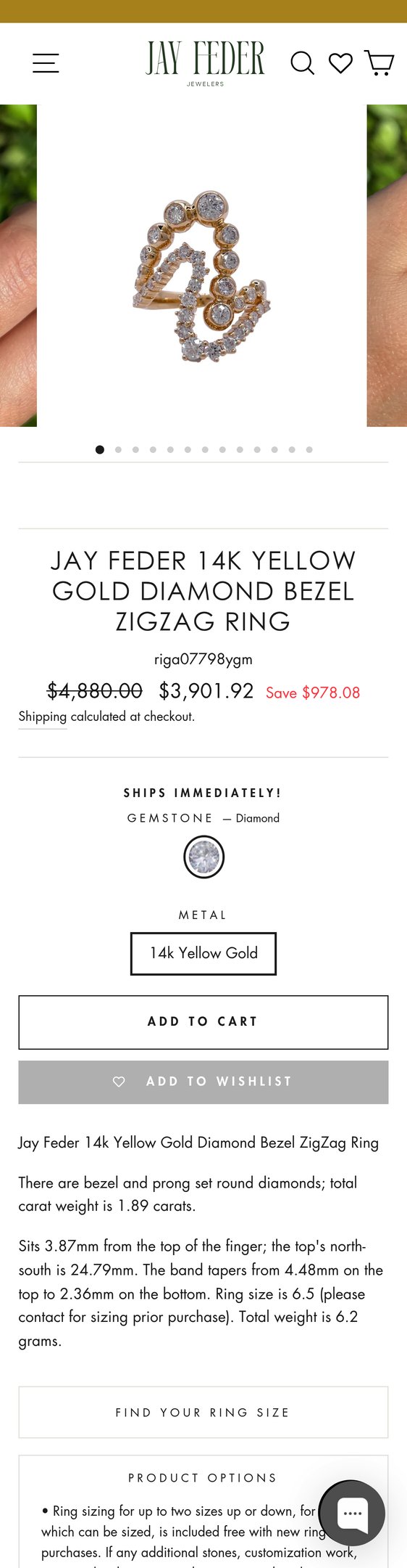 Jay Feder 14k Yellow Gold Diamond Bezel ZigZag Ring