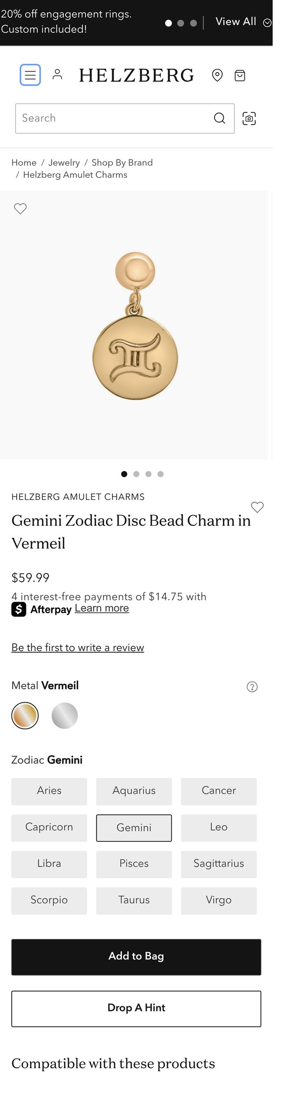 Helzberg Amulet Charms Zodiac Disc Bead Charm