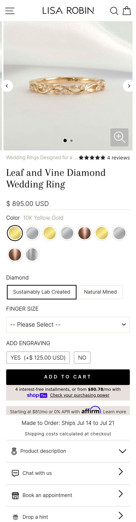 Leaf and Vine Diamond Wedding Ring