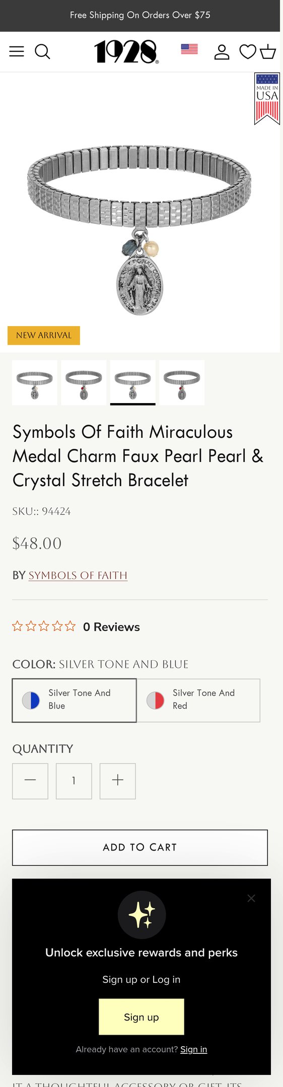 Symbols Of Faith Miraculous Medal Charm Faux Pearl Pearl & Crystal Str