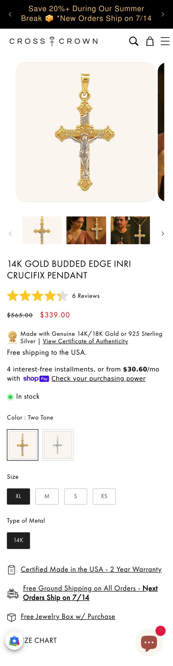 14K Gold Budded INRI Crucifix Pendant Made in USA| Religious Jewelry