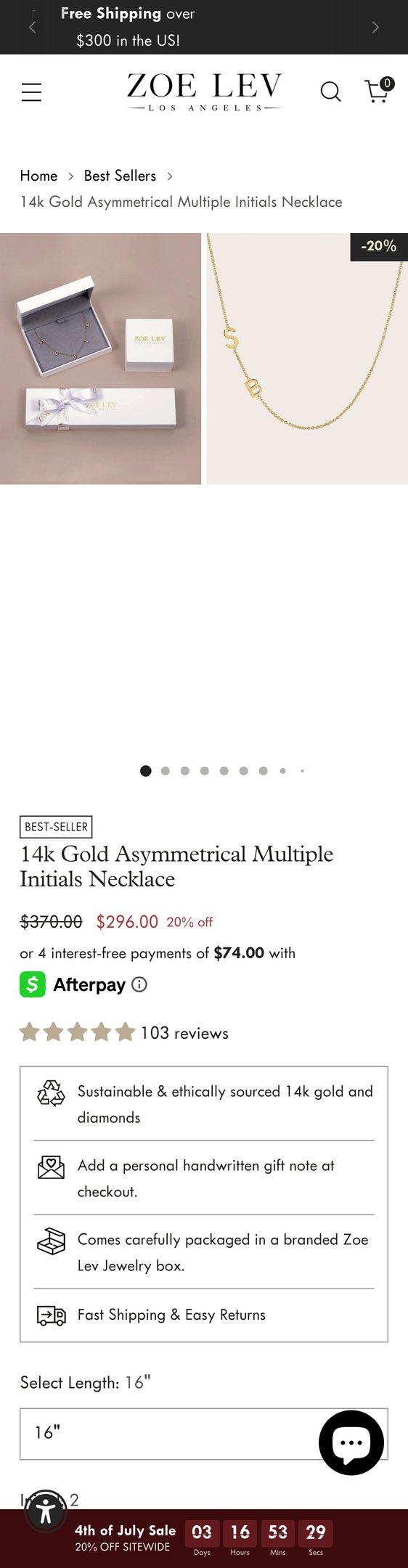 14k Gold Asymmetrical Multiple Initials Necklace