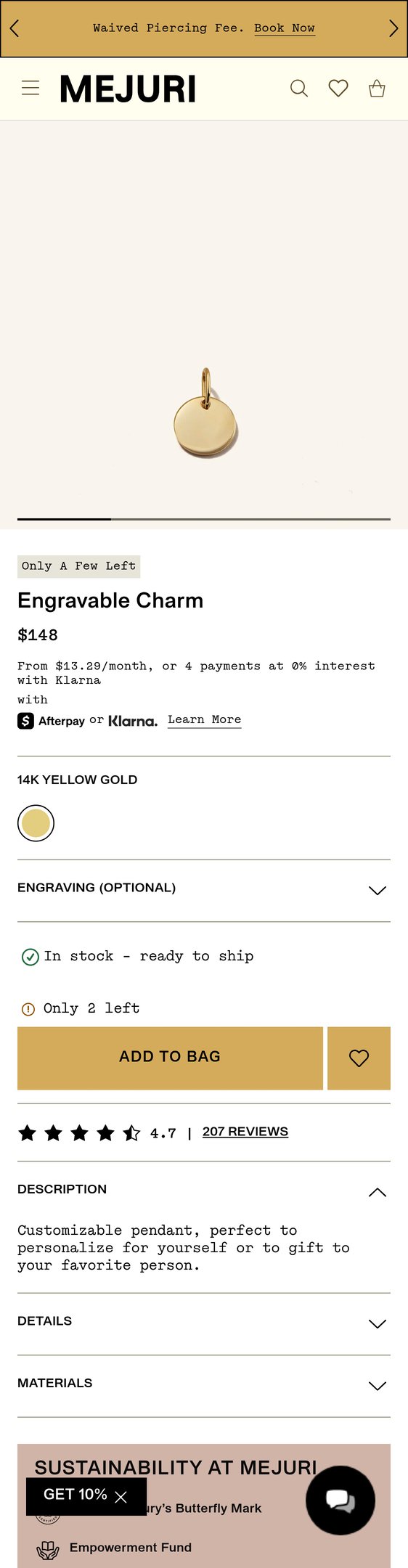 14k Gold Engravable Charm Pendant - Jewelry