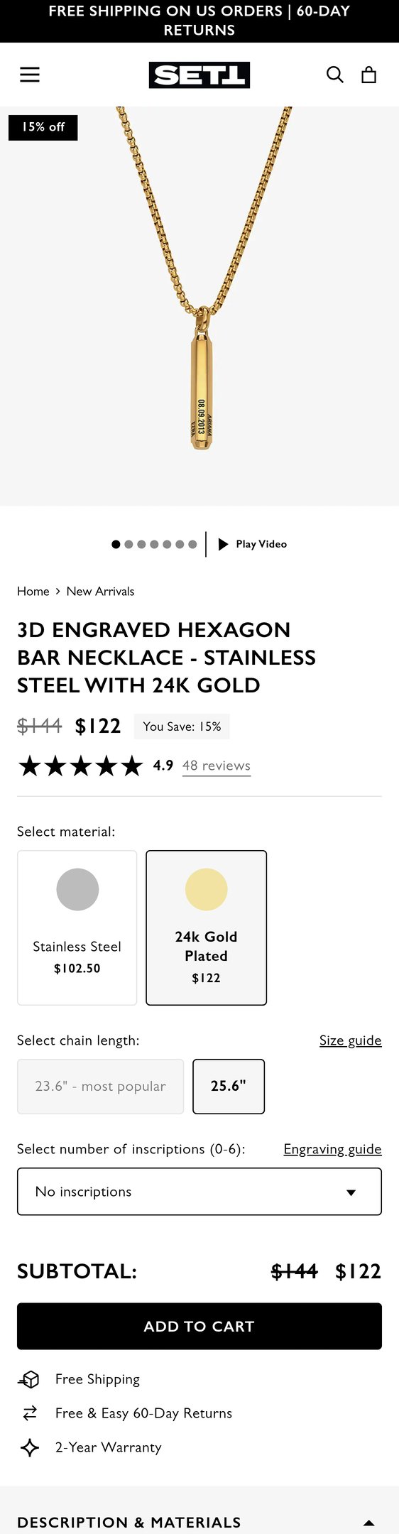 3D Engraved Hexagon Bar Necklace - Stainless Steel with 24K Gold