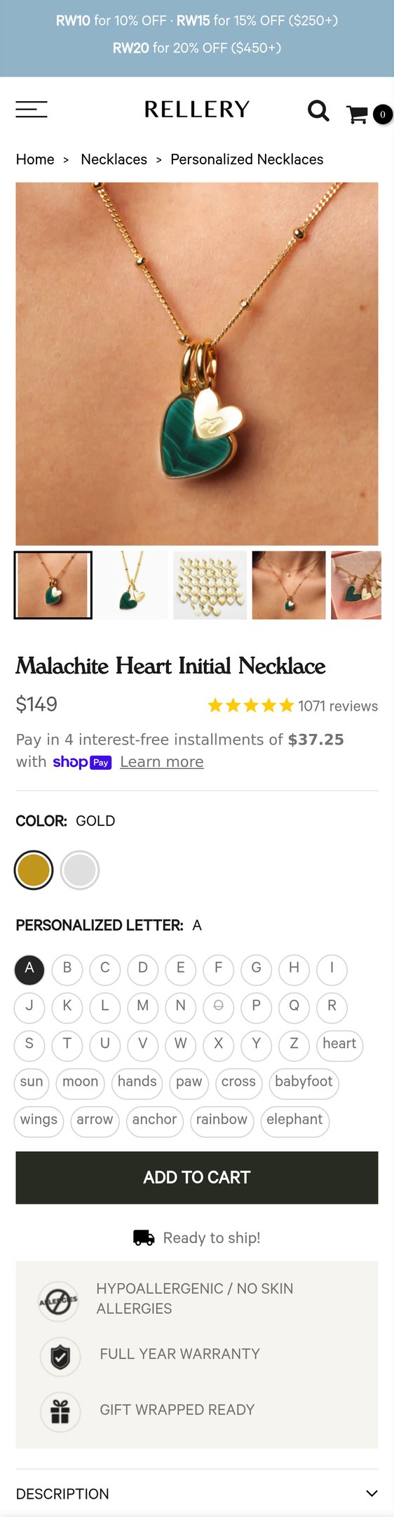 Malachite Heart Initial Necklace