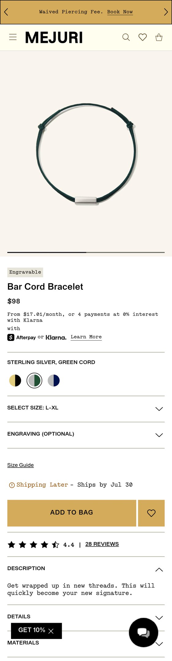 14k Gold Block Bar Cord Bracelet