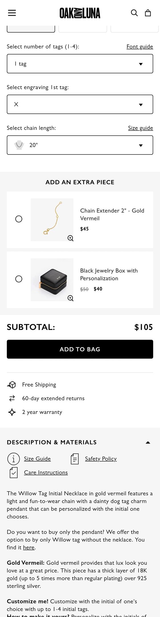 Willow Tag Initial Necklace - Gold Vermeil