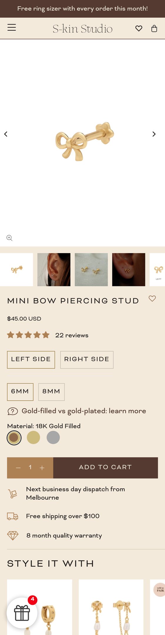 Mini Bow Piercing Stud (18K Gold Filled) | Internally Threaded Earring