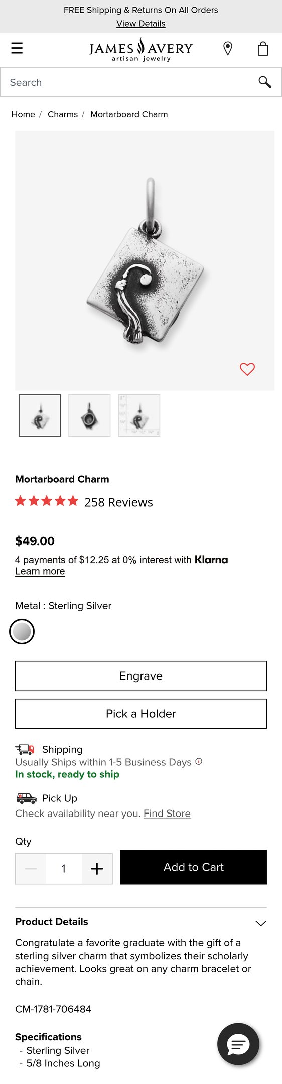 Buy Mortarboard Charm for USD 49.00 | James Avery