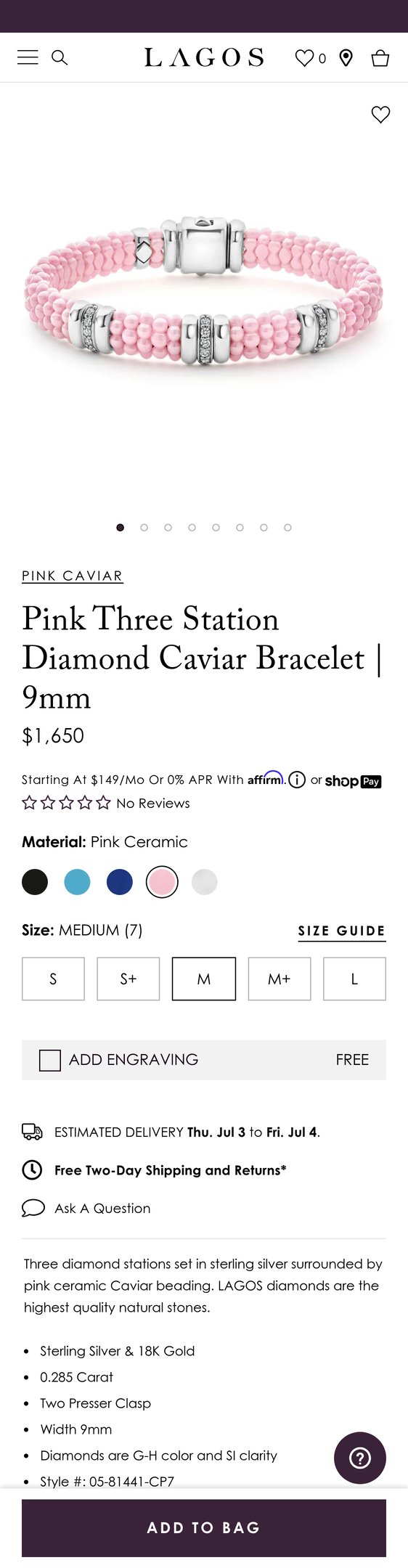 Pink Caviar Pink Three Station Diamond Caviar Bracelet | 9mm